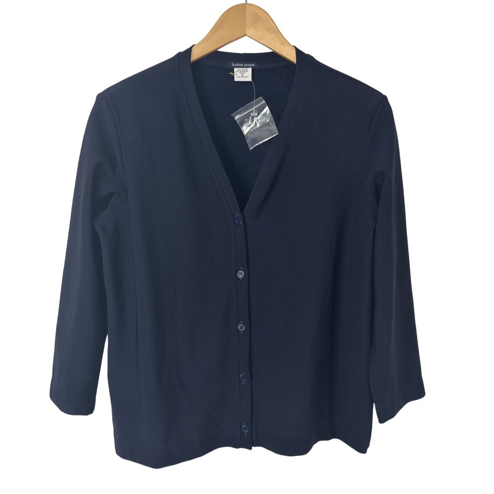 Boston Proper Navy Blue Button Up Knit‎ Top Womens Medium V Neck Career Stretch